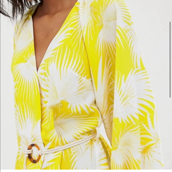 ASOS Yellow Palm Print Plunge Kimono Top V Neck Wrap Puffy Sleeve Blouse Size 2 - Picture 3 of 11